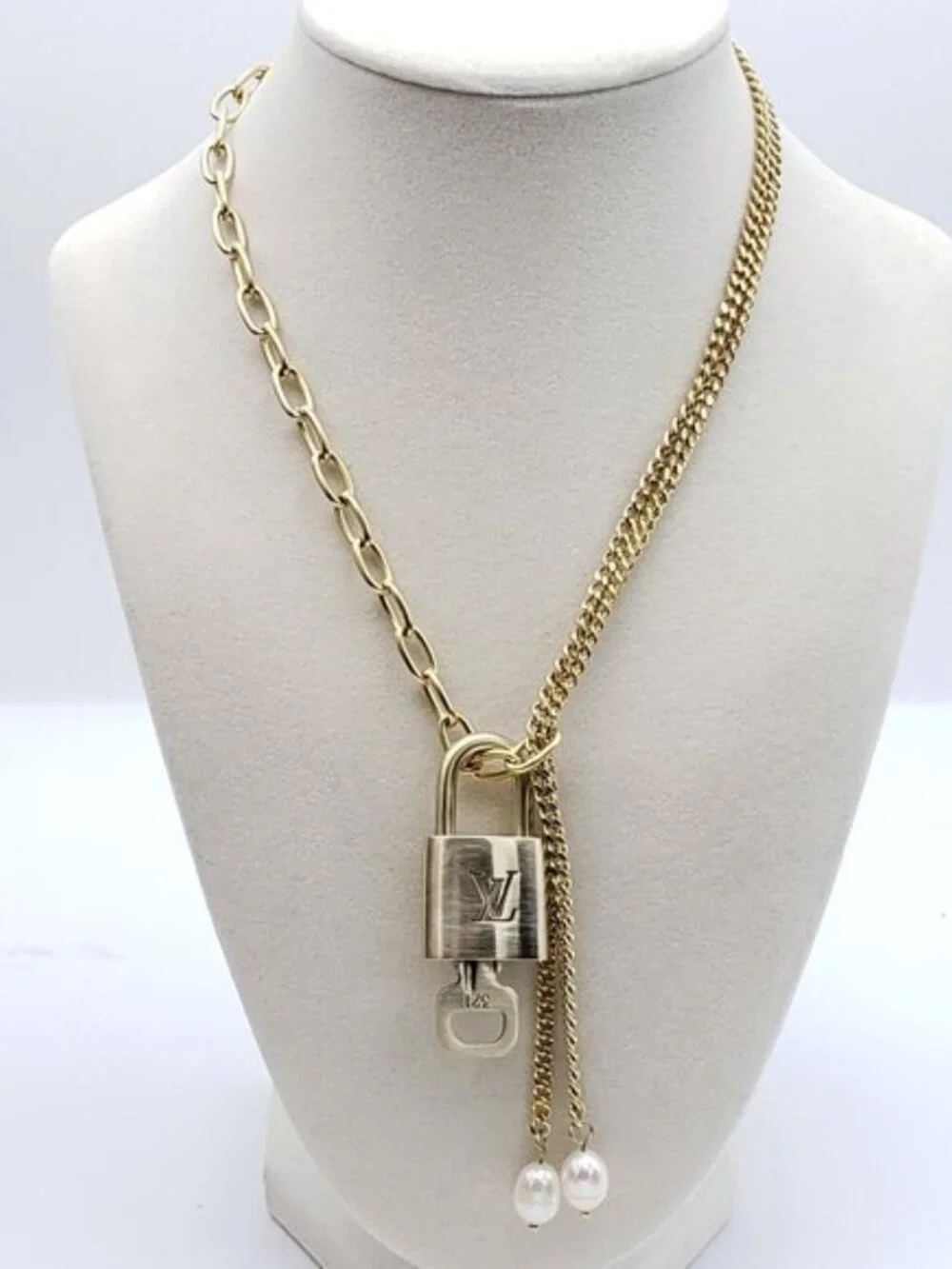 Stainless Steel Gold-Plated Necklace with Authentic Louis Vuitton Padlock